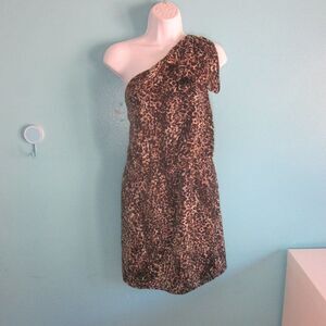 Avec Les Filles Size L Black Animal Print One Shoulder Mini Dress Side Zip